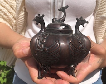 Antique Bronze Copper three Phoenix head  Incense Burner Holder Tripod Mythical bird Three Foot Tibet Temple Censer burner Charcoal Pot