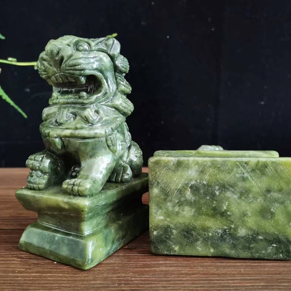 Mh681 pair Natural Green Jade Carved Foo dogs lion Feng Shui Fu Dog Guardion Door Lion Crystal lion dance costume figures living room Quartz