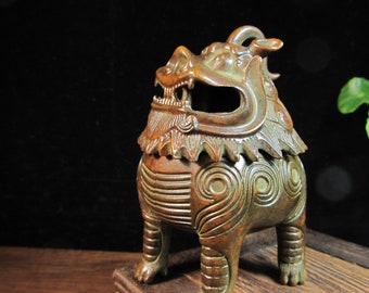 MT055 Vintage Antique copper Chinese Foo Dog Lion Dragon Statue Incense Holder Censer Incense Burner cone incense ash catcher backflow asian