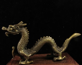 7" Magical and Noble Brass Dragon Figurine Chinese Feng Shui loong Statue Sculpture Home Office Decoration Tabletop Decor Wealth and MC82121