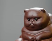 Purple Clay thinker Cat Statue, Feng shui decor Figurine, Zisha Yixing Tea set, Gongfu Tea Pet, Animal Art Figurine Fat dazed Cat Coffee Zen