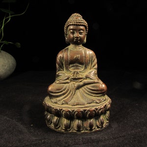 Antique Bronze Copper  Amitabha Buddha Statue, Buddha Sit on alotus base, Meditating Buddha Figure Sculpture for Yoga Zen altar shrine idol