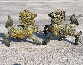 Pair copper qilin kylin Statue Feng Shui Decor Kirin Pi Yao, Bronze Wealth unicorn  Foo-Dogs Lion Temple Guardian mythical Animal Decor