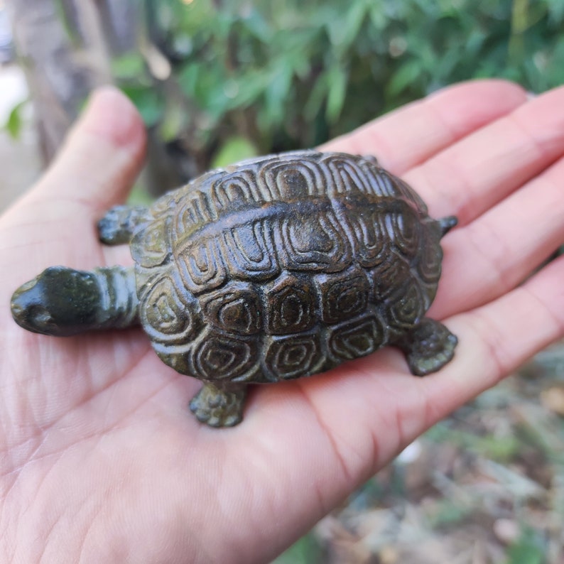 May include: A small, bronze-colored turtle figurine. The turtle has a detailed shell pattern and is resting on a hand. The figurine is a decorative item, possibly for a desk or shelf. The turtle's head and feet are visible.