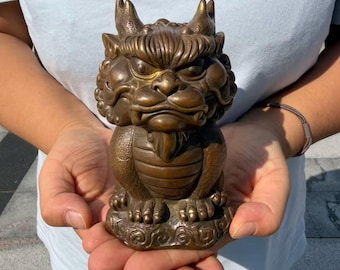 Brass Pixiu Statue, Cute Q Version Pi Xiu Figurine, Feng Shui Wealth Guardian, Home Desk Decor