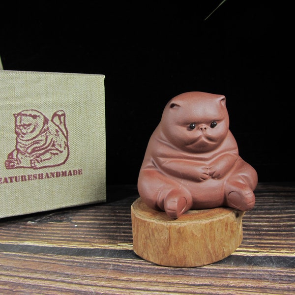 Purple Clay thinker Cat Statue, Feng shui decor Figurine, Zisha Yixing Tea set, Gongfu Tea Set, Animal Figurine Fat dazed Cat  gift box mc10