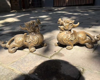 Bronze Winged Brass Pixiu Pair, Chinese Pi Xiu Feng Shui Wealth Guardian Statues, Vintage Auspicious Beast Home Decor