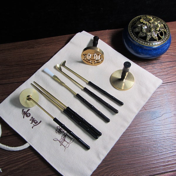 set of 6 ,Incense lore suit,Tibetan bronze long handle incense suppressor, Brass spatula spoon , incense tool set, Portfolio Removable zh134