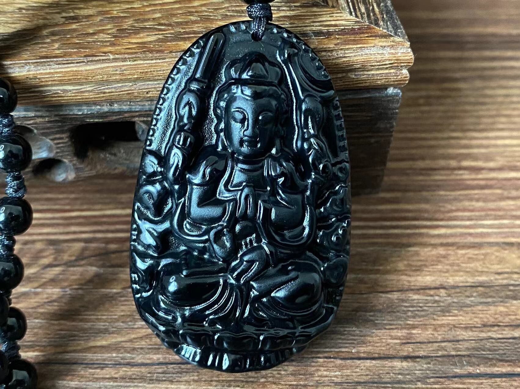 観音菩薩 黒翡翠 クリスタル ヒーリングペンダント ネックレスチェーン