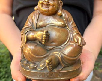 Copper Laughing Buddha Statue, Aged Patina Happy Buddha Figurine, Wealth Luck Oriental Curio, Curio Cabinet Altar Display, Housewarming Gift
