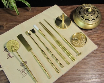 Set of 10 ,Incense lore suit,Tibetan bronze long handle incense suppressor,  Brass spatula spoon , incense tool set,Portfolio incense burner