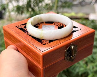 Lantian Jade Bangle Bracelet for Women, Comes with Vintage Carved Wooden Jewelry Box, Natural Jade Gemstone, Oriental Spiritual Gift
