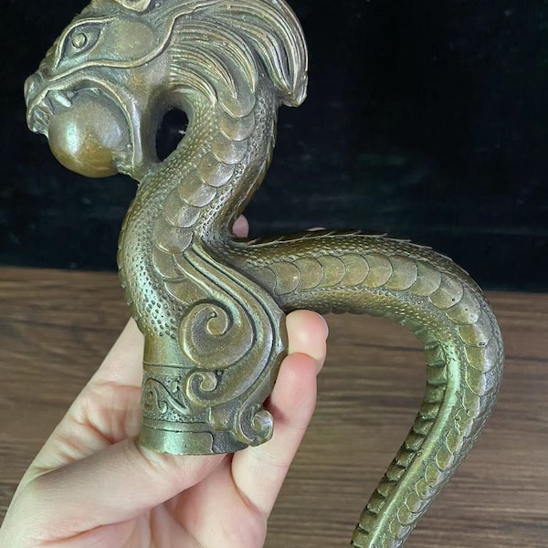 Vintage laiton tête de dragon poignée canne canne seulement poignée cadeau cuivre bête béquille artisanat folklorique, népal asiatique sculpté à la main Loong AA007