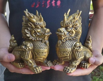 Mh159 Pair Vintage Copper Foo lion dog, Feng shui Pixiu Beast, Wealth Bixie Statue, Old  Exorcise Evil Spirits brave troops Kylin ornaments