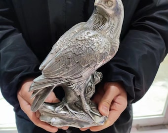 White Copper Eagle Statue, Nickel Silver Hawk Figurine, Handcrafted Textured Metal Bird Sculpture, Home Office Tabletop Decor