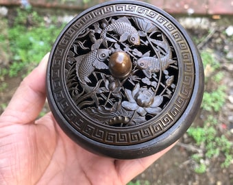 M6185 Copper censer incense burner fish and lotus flower pattern lid double dragon embossed bottom incense burner antique Zen incense burner
