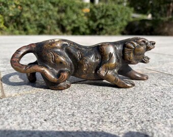 Copper Tiger Statue, Vintage Chinese Zodiac Tiger Figurine, Antique Finish Metal Tiger Sculpture, Desk Decor