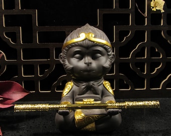Tea pet Golden cudgel Sun Wukong The Monkey King custom Feng shui Figurine meditation Pottery Myth journey to the west clay Warrior M4011222