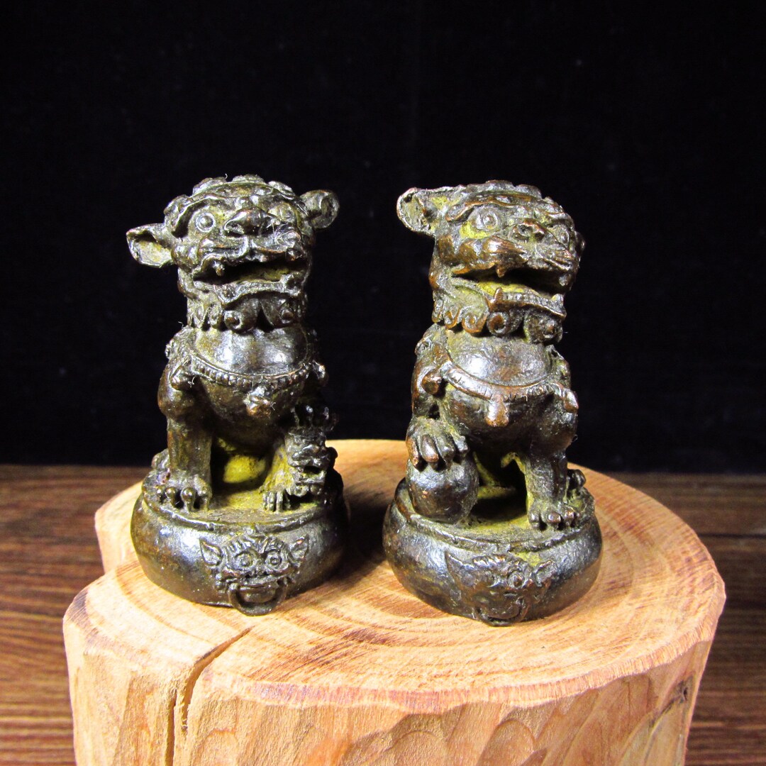 Matched Pair of Copper Brass Asian Lion Foo Dog Statue Aged Copper Nice ...