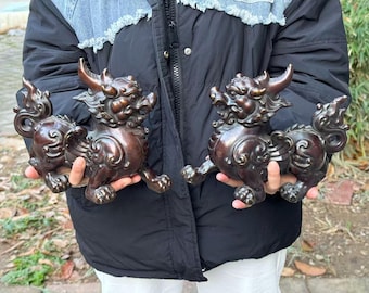 Vintage Brass Pixiu Pair, Chinese Pi Xiu Feng Shui Statues, Wealth Guardian Beasts, Auspicious Home Decor, Lucky Collectible
