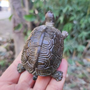 May include: A small, bronze-colored turtle figurine. The turtle has a detailed shell pattern and visible legs, head, and tail. The figurine is held in a hand, with a blurred green background.