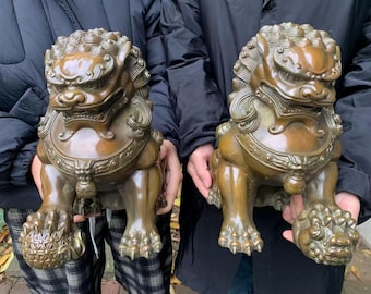 Huge Pair of Antique vintage Temple Lion Statues, Brass Palace Feng shui Evil Foo Dog Guardian Lions Beijing lion Protection Beast MHL866