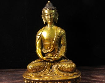 20 cm Tibétaine vintage Népal cuivre laiton Statue de bouddha Amitabha bodhisattva Shakyamuni bouddhiste priant Idole adoratrice amulette décoration d'intérieur