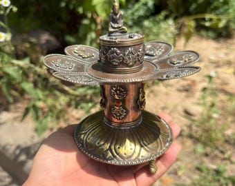 Nepal Vintage Copper Temple lotus flower The Eight Auspicious Symbols Incense Burner  Offerings to Buddhism Healing Ash Catcher Yoga
