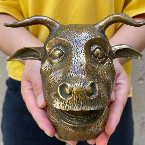 Vintage Antique brass copper bull cow head statue figurine collection huge animal zodiac sign animal auspicious lucky ox bust Decoration