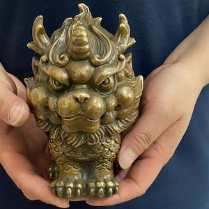 Copper kylin statue, Vintage Bronze unicorn Figurine, Chinese Fengshui foo dogs sculpture, Tibetan Temple lion, Qilin Kirin Chi-Lin  unicorn