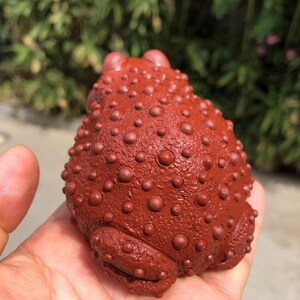 May include: A reddish-brown frog figurine with a textured, bumpy surface. The frog is held in a hand, showcasing its detailed design. The figurine's color and texture give it a unique, handcrafted appearance.