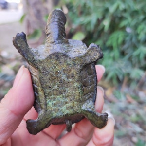 May include: A small, bronze-colored turtle figurine with outstretched limbs. The sculpture has a textured surface with green and brown hues, suggesting age or weathering. The turtle's head and shell are detailed, showcasing the craftsmanship of the piece.