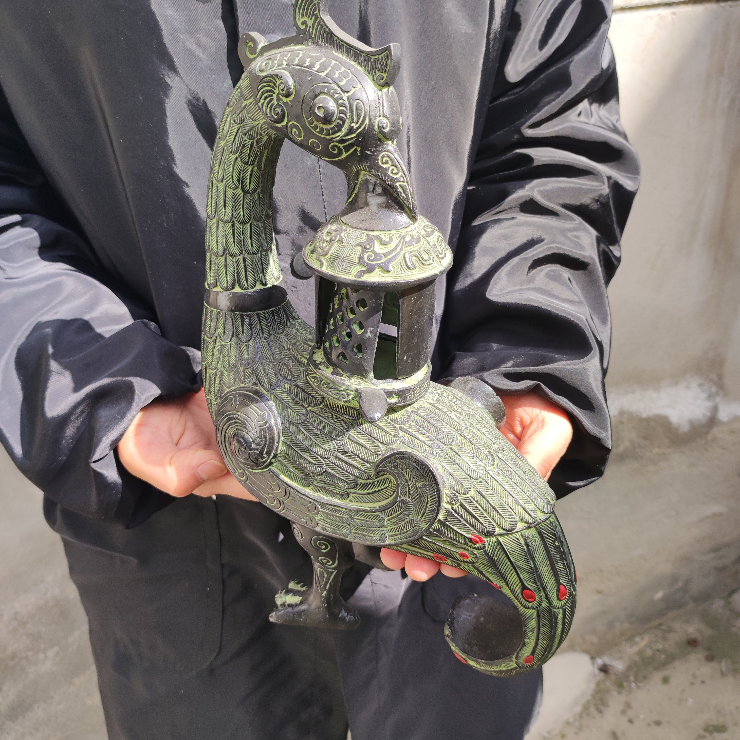Antiqued Phoenix, Incense Holder, Asian Green Black Ancient