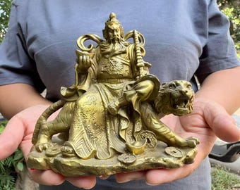 Brass God of Wealth Riding Tiger Figurine, Chinese Fortune Deity Sculpture, Vintage Feng Shui Home Altar Decor