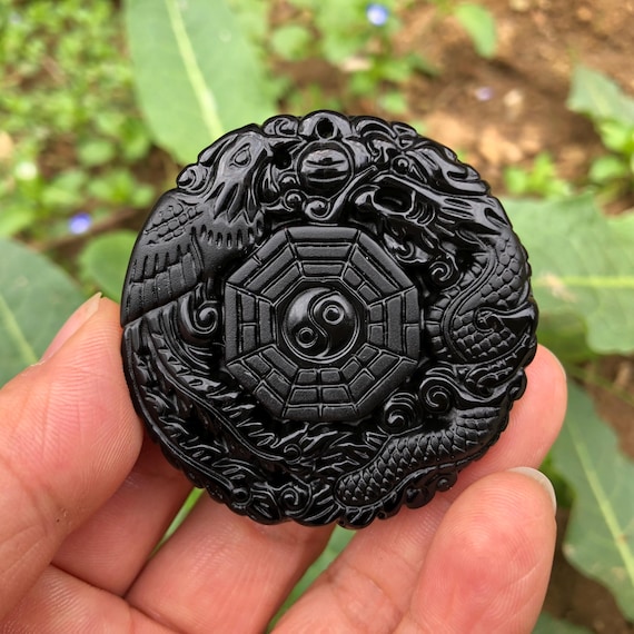 Black Obsidian Yin Yang Bagua Dragon Phoenix Pendant Necklace