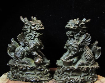 Pair Vintage Ancient China Copper Fengshui Animal Pixiu Beast Wealth Bixie Statue, Chinese Copper Exorcise Evil Spirits brave troops Kylin