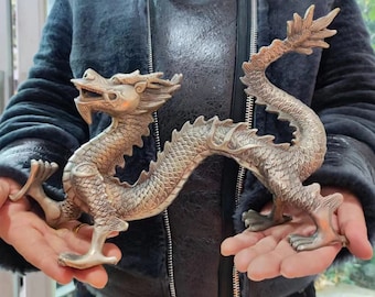 Vintage Nickel Silver Chinese Dragon Statue, 5 Claw Dragon Figurine, Feng Shui Dragon Ornament, Oriental Mythical Beast Home Decor
