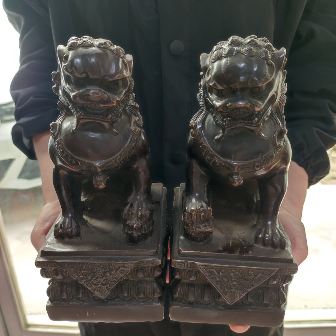 Pair Exquisite Foo Dog Lion Statue Signed, Old Antiques Chinese Bronze ...