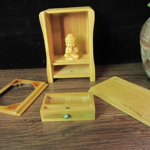 M556 Buddha Statue Small Hand Carved Bamboo Wooden Box, Mini Buddhist Altar With Drawer, Portable Temple, Amitabha House Box Buddhist altar