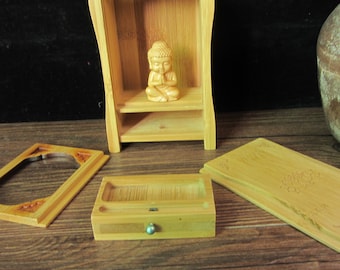 Small Hand Carved Bamboo Wooden Box for Buddha Statue , Mini Buddhist Altar With Drawer, Portable Temple, Amitabha House Box Buddhist altar