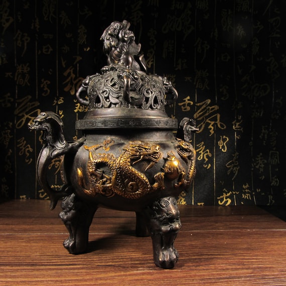 ブロンズ製香炉 九龍の彫刻 中国 開運 龍 龍神 九龍香炉 ブロンズ製（真鍮製） 銅製龍香炉 九転