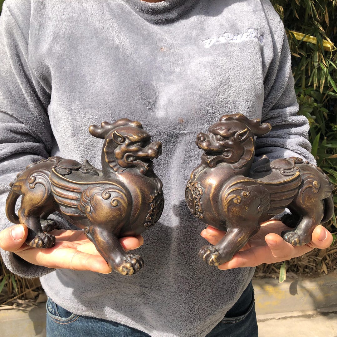 Brass Pi Xiu Pair Statue, Large Feng Shui Wealth Decor, Chinese Lucky ...