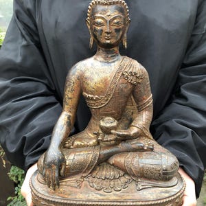 Mt1081 Tibetan Nepal vintage antique 12 &#39;&#39; copper Shakyamuni sit in meditation Buddha statue Buddhism religion Temple praying worshiping b24
