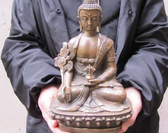 Antique Bronze Medicine Buddha Statue, Bhaisajyaguru Buddhist Figurine, Tibetan Buddha Sculpture, Lotus Altar Decor, Meditation Gift