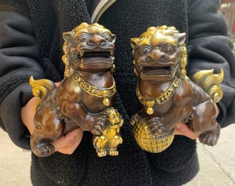 Pair of Brass Pixiu Statues, Two Tone Feng Shui Wealth Guardians, Chinese Pi Yao Sculptures, Lucky Dragon Lion Decor, Prosperity Home Gift