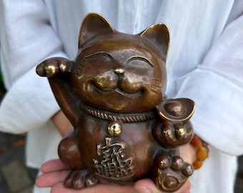Brass Lucky Cat Statue, Maneki Neko Wealth Figurine, Chinese Feng Shui Fortune Decor, Zhao Cai Jin Bao Sculpture for Home or Shop