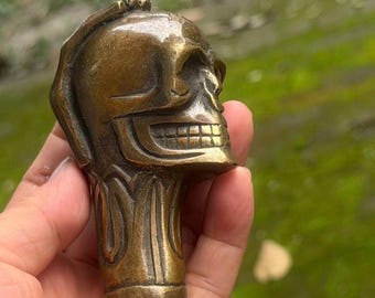 Vintage Brass Skull Monster Cane Head, Gothic Skeleton Walking Stick Handle, Hand Carved Cane Top, Custom Cane Accessory