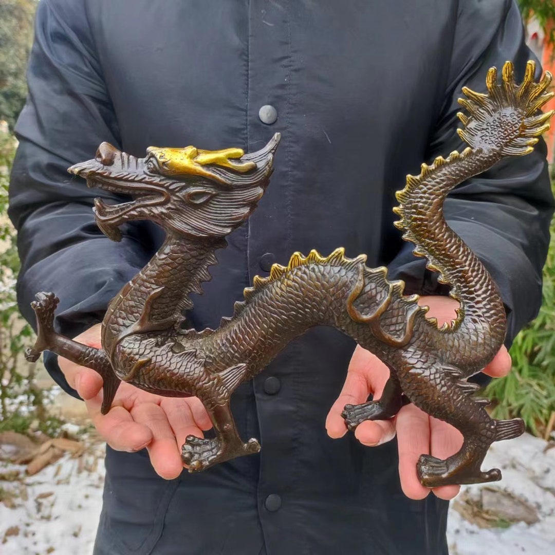 Vintage Antique Copper Dragon Statue Feng Shui for Luck & Success