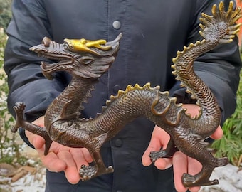 Vintage Antique Copper dragon Statue Feng Shui for Luck & Success,Brass/Bronze Metal Dragon Loong Wealth Lucky Home Decor Housewarming gift