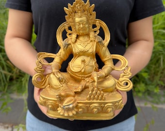Gilded Brass Yellow Jambhala Statue, Tibetan Buddhist Wealth Deity Figurine, Zen Home Altar Decor, Gift for Prosperity, Buddha Sculpture